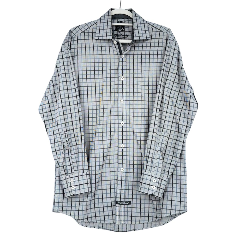English Laundry Men's Long Sleeve Button Down Shirt Plaid Checkered Gray 15.5
